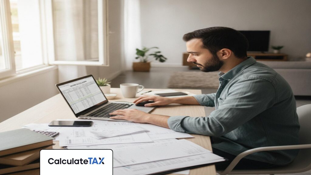Pakistani freelancer calculating Freelancer Income Tax Pakistan on laptop at home office desk.