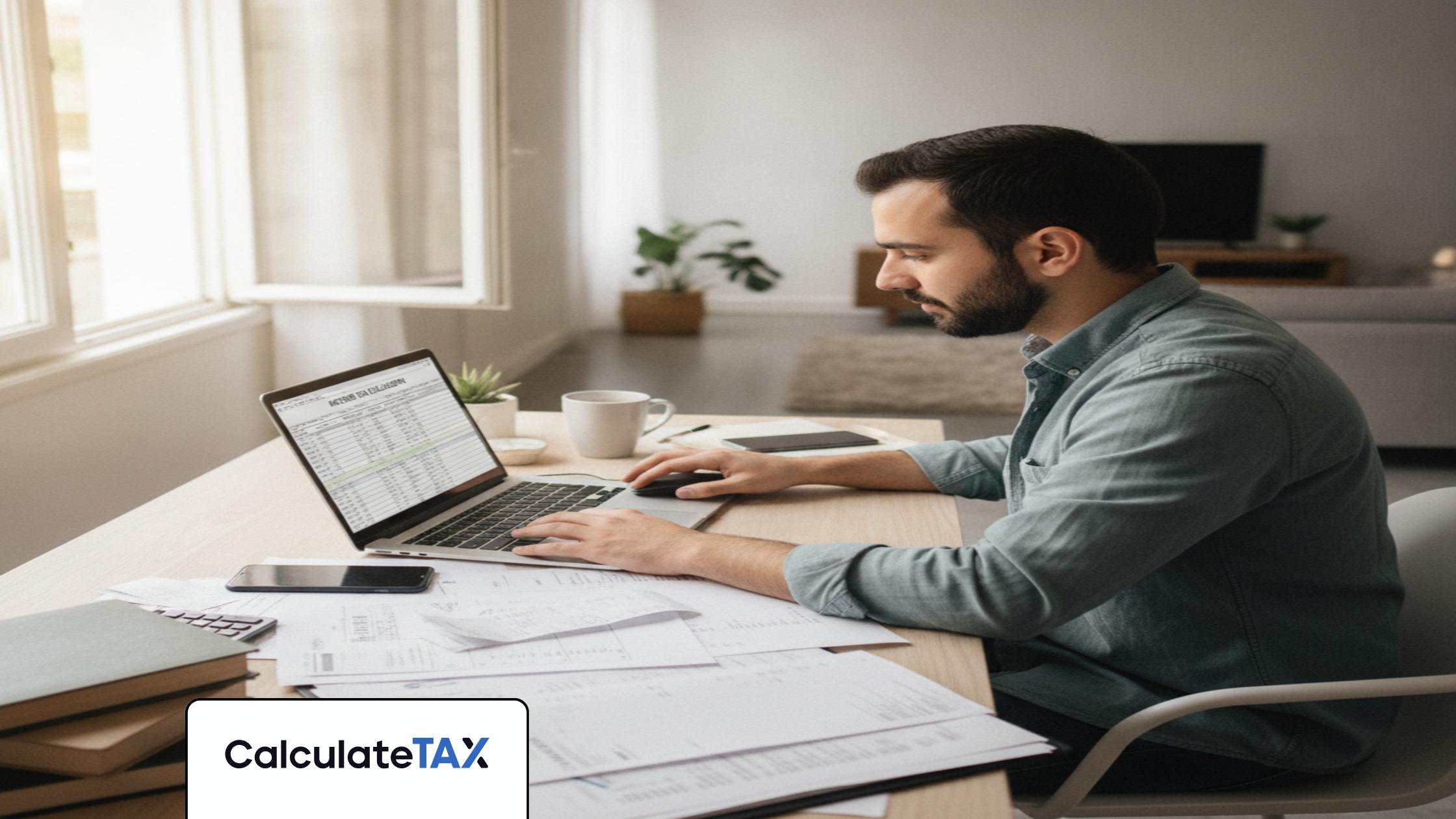 Pakistani freelancer calculating Freelancer Income Tax Pakistan on laptop at home office desk.