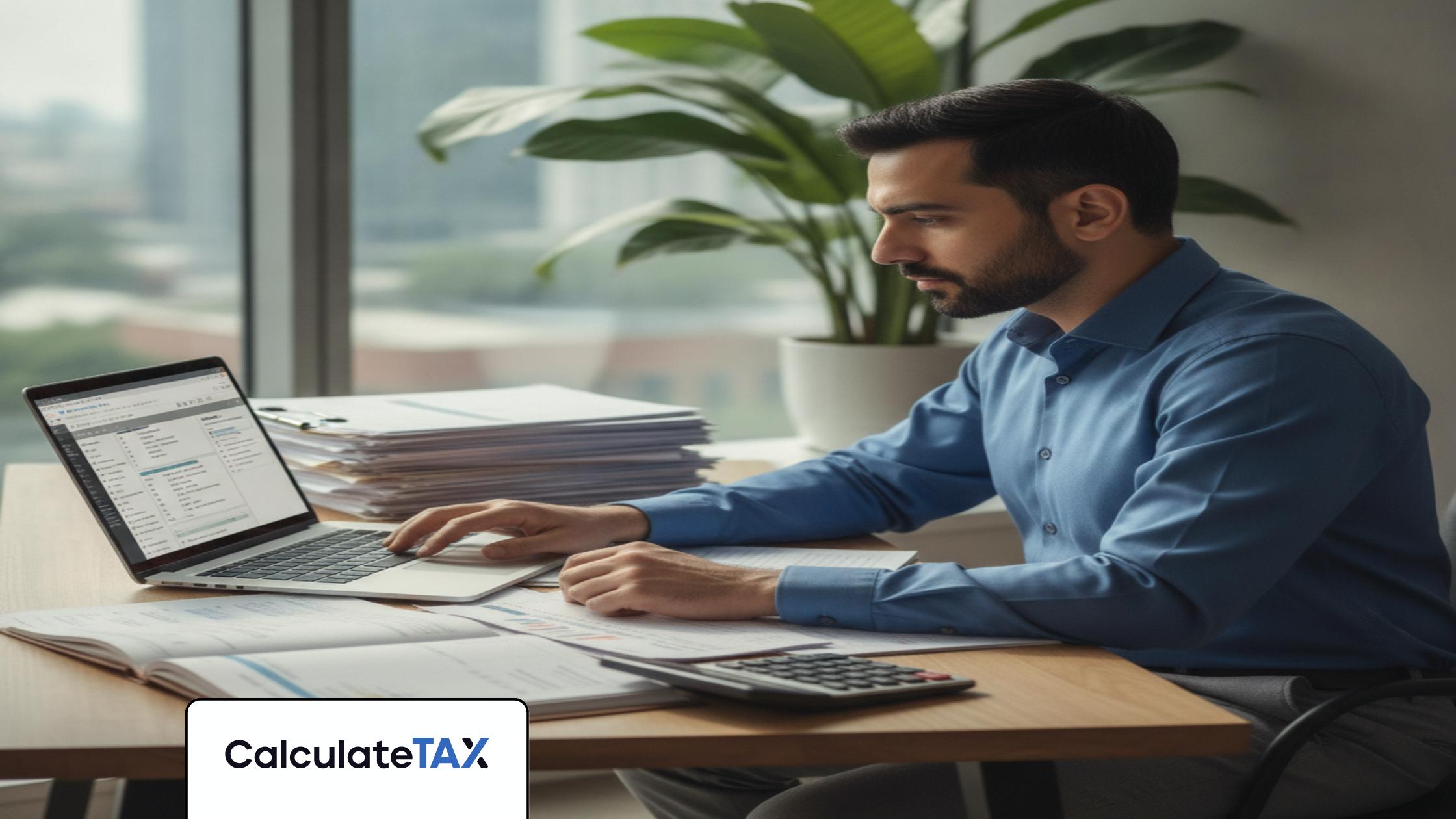 Pakistani professional calculating income tax pakistan on a laptop with tax documents at office.