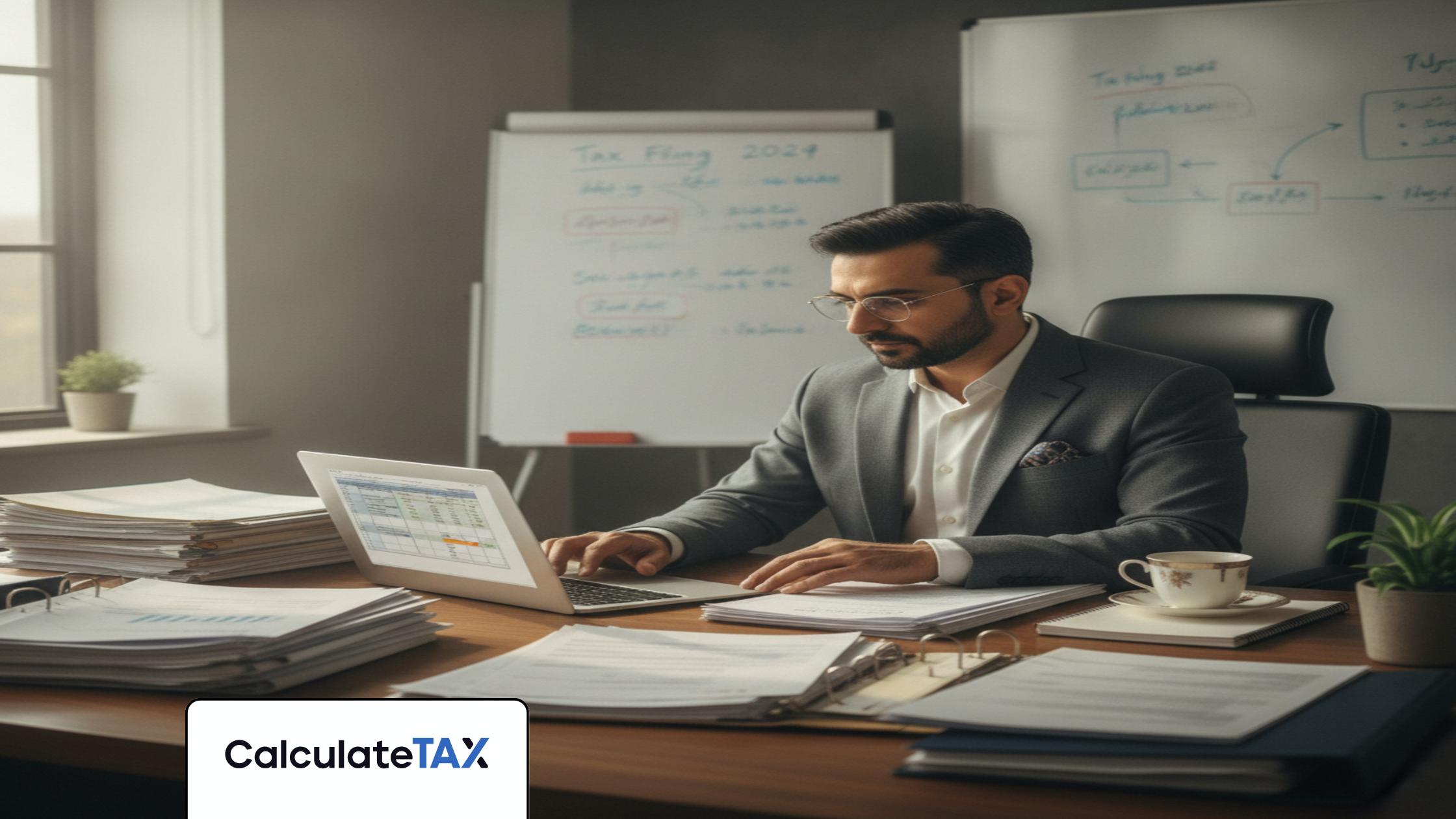 Pakistani financial advisor reviewing Multiple Income Tax Pakistan categories on laptop.