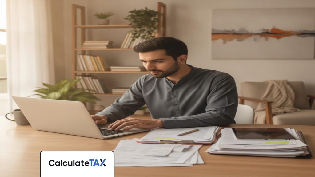Pakistani freelancer calculating pakistani freelancer tax on laptop, modern home office setting.