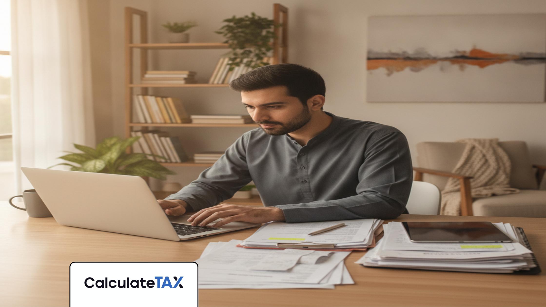 Pakistani freelancer calculating pakistani freelancer tax on laptop, modern home office setting.
