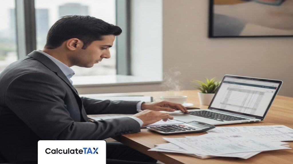 Pakistani professional calculating advance income tax on laptop, financial documents visible.