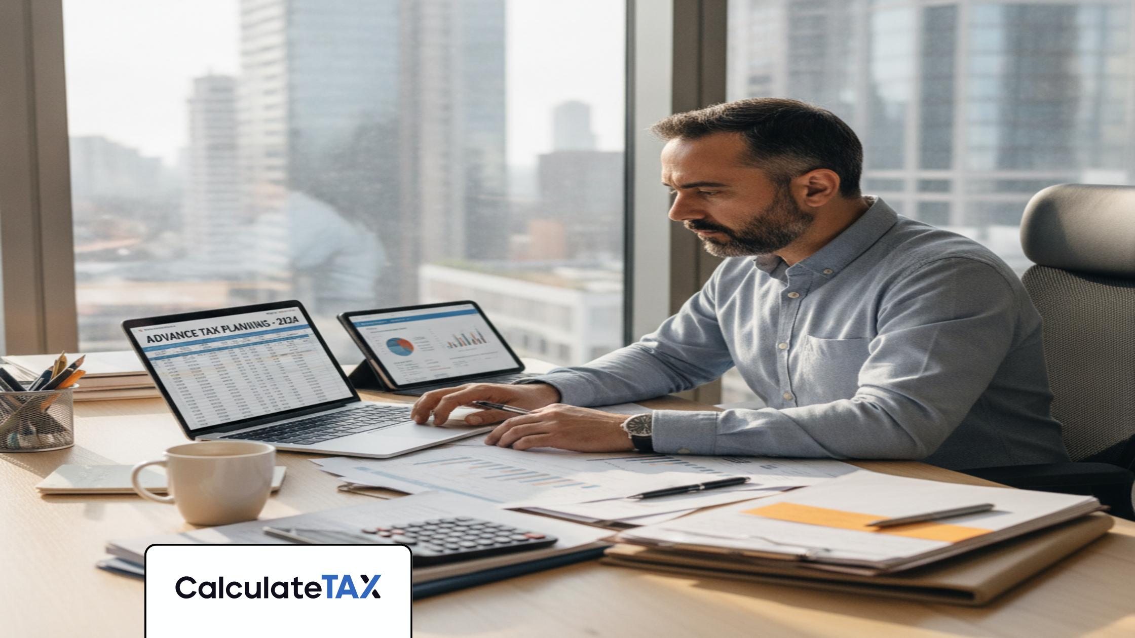 Pakistani business professional planning Advance Tax Pakistan using a laptop at their desk.
