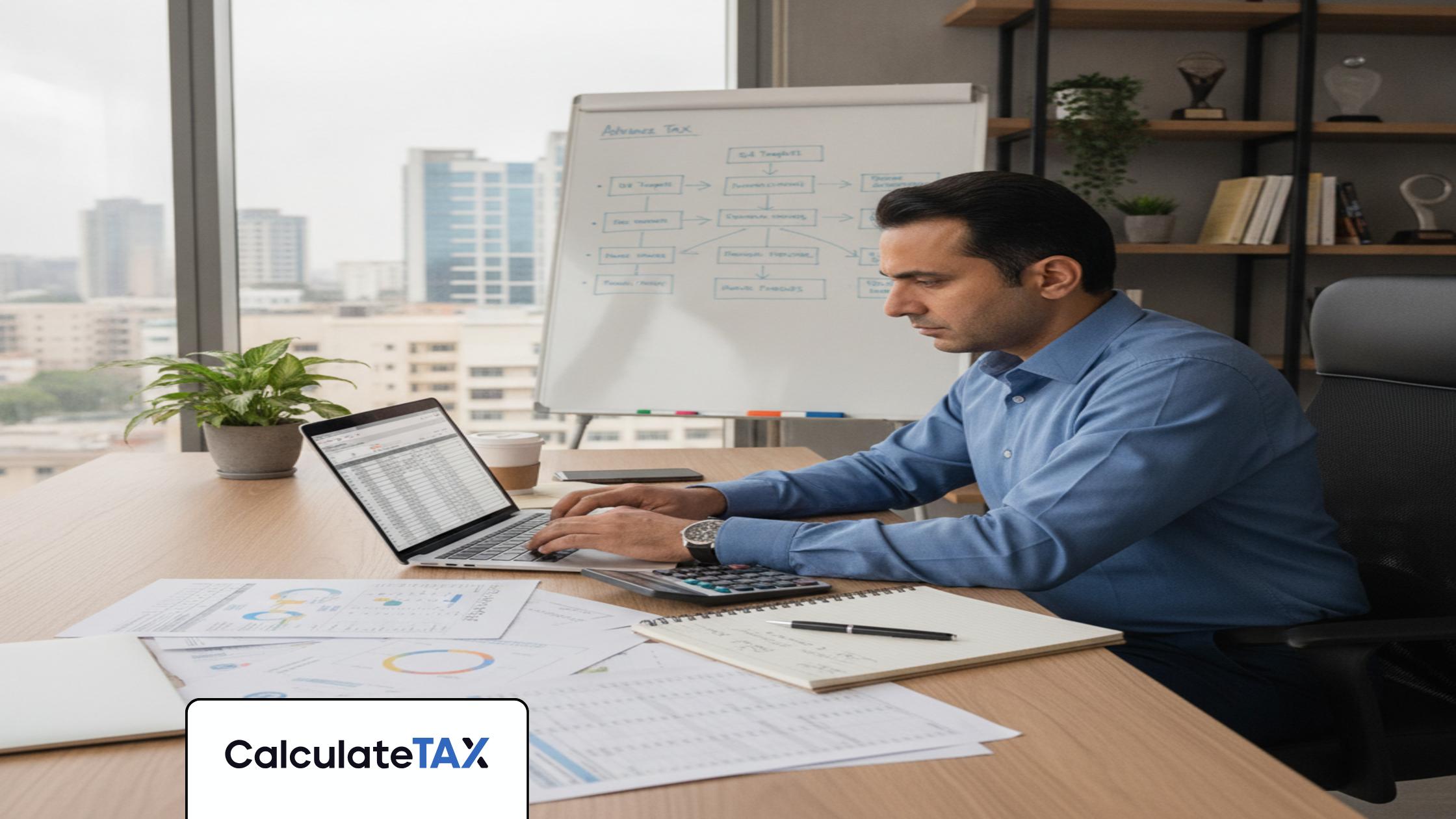 Pakistani professional using laptop to calculate Advance Tax Pakistan in a modern office.
