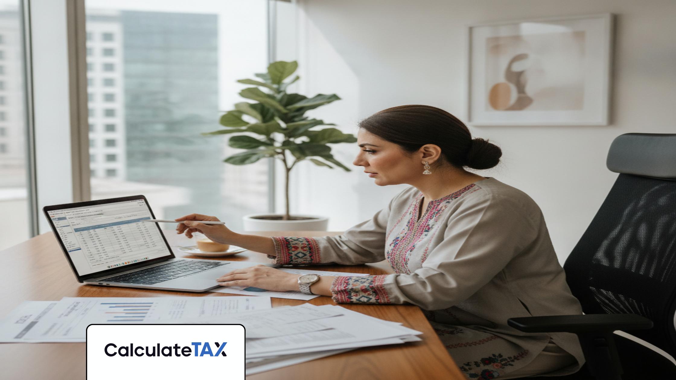 Professional reviewing advance withholding tax pakistan documents on laptop at modern Pakistani office.