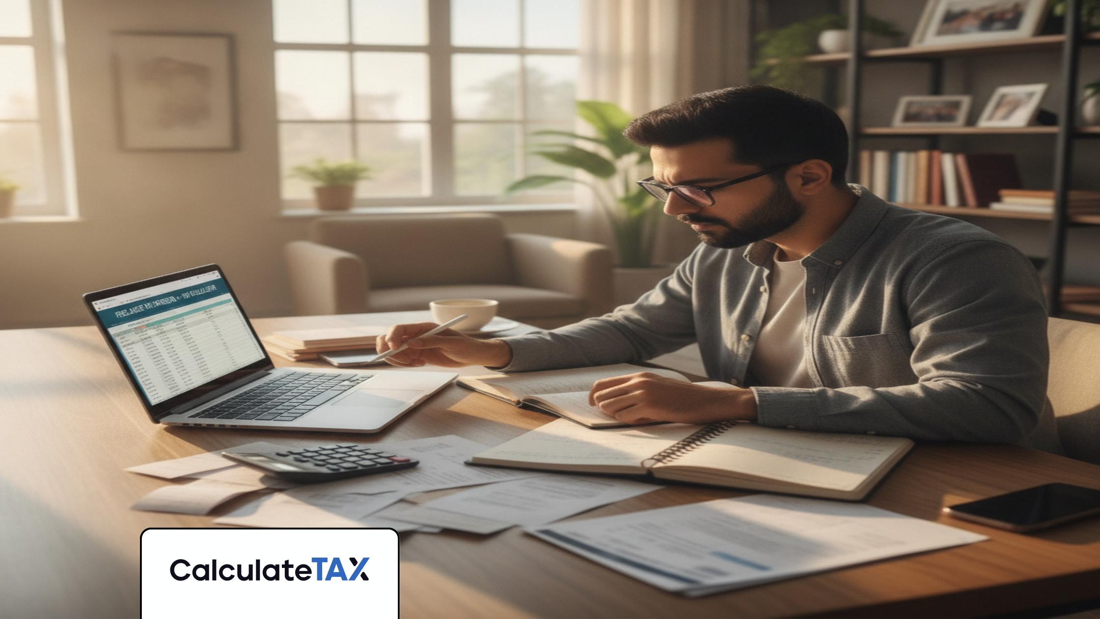 Pakistani freelancer managing Freelancer Tax Pakistan on laptop at a modern home office desk.
