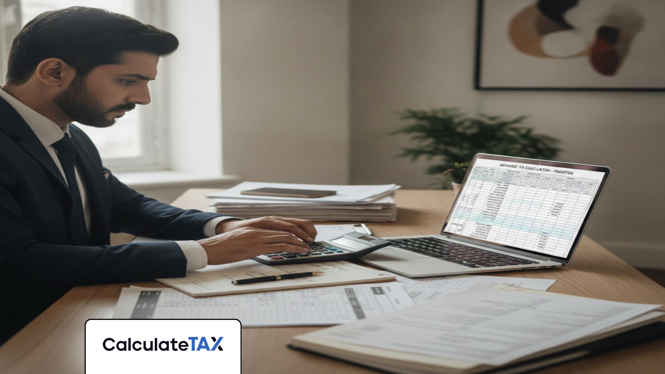 Pakistani professional performing Advance Tax Calculation Pakistan on laptop in a modern office.