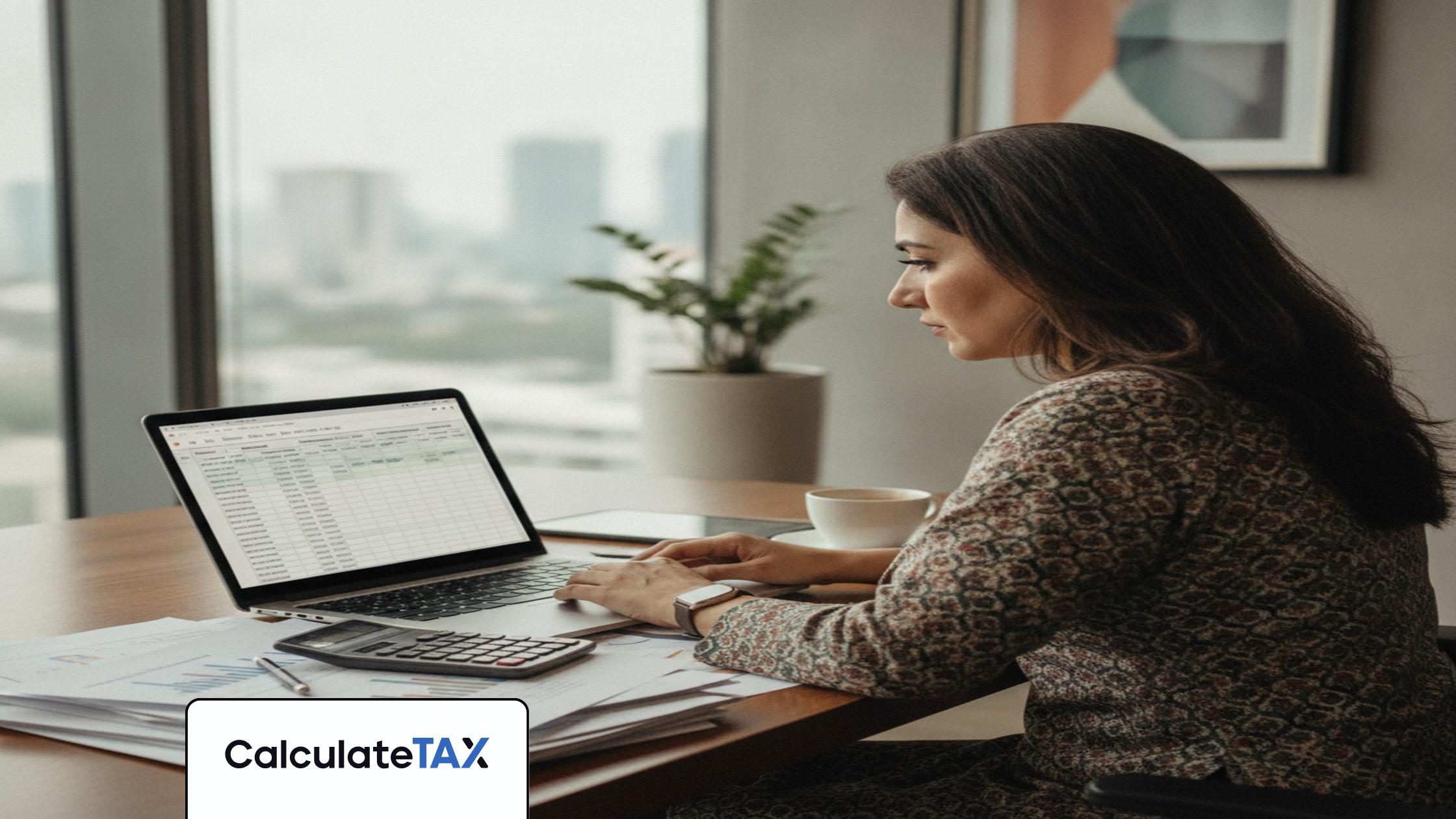 Pakistani professional reviewing Quarterly Advance Tax Pakistan figures on laptop in a modern office.