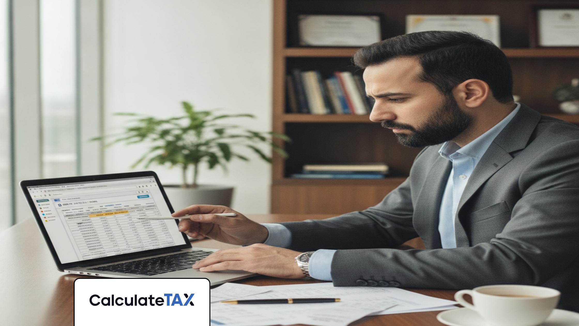 Pakistani professional reviewing digital documents for business tax deductions Pakistan in a modern office.